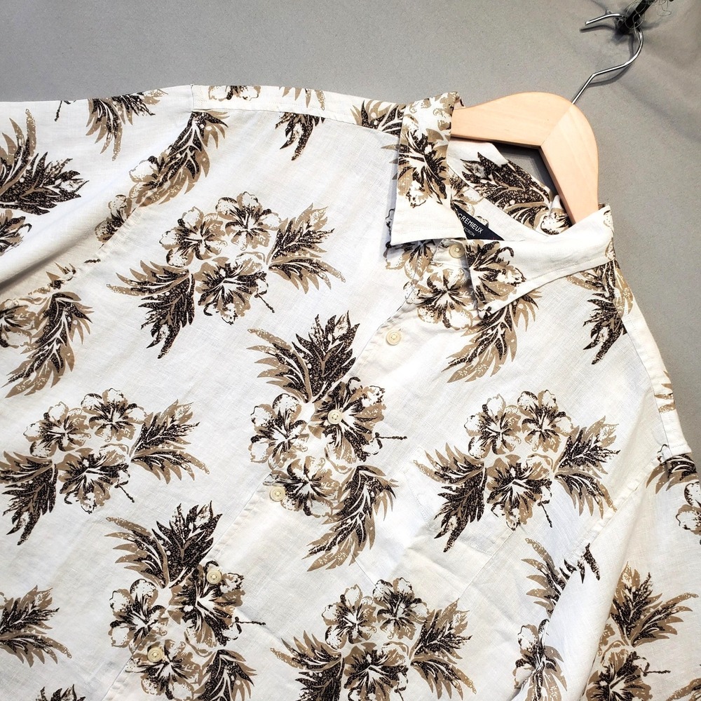 Cremieux 100%‎ Linen Shirt Mens 2XL White Floral Short Sleeve Hawaiian Button Up